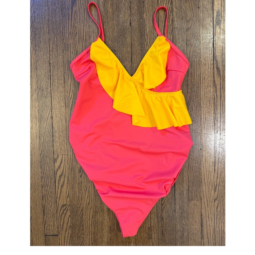 ASOS Swim One Piece Swimsuit Pink Yellow Ruffle V-Neck US 4 07847908 F100251